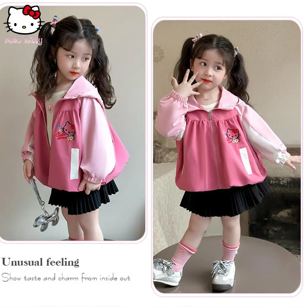 جديد 2025 سترة سانريو هالو كيتي للفتيات للأطفال لربيع وخريف مع قلنسوة وسحاب أنيمي كارتون موضة غير رسمية مطرزة كاواي #5