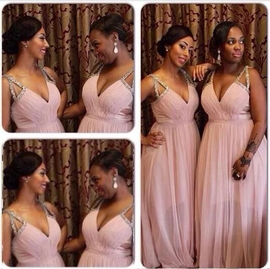 

ANGLSBRIDEP Plus Size Long Bridesmaid Dresses Pink Chiffon Sexy V-Neck Pleat Beading Formal Evening Wedding Party Gowns