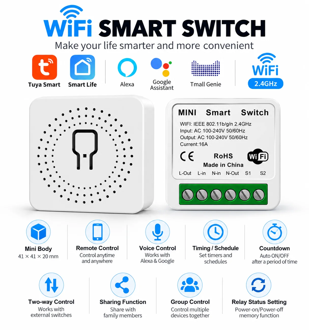 Shawader 16A Smart Mini Switch Tuya WiFi intelligent Control Breaker 2 Channels Timing Remote By Homekit Alexa Google Home