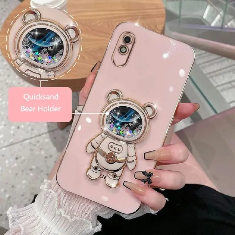 

Phone Case for Xiaomi Redmi 9A Luxury Plating Quicksand Cartoon Bear Fold Stand Phone Case Cover