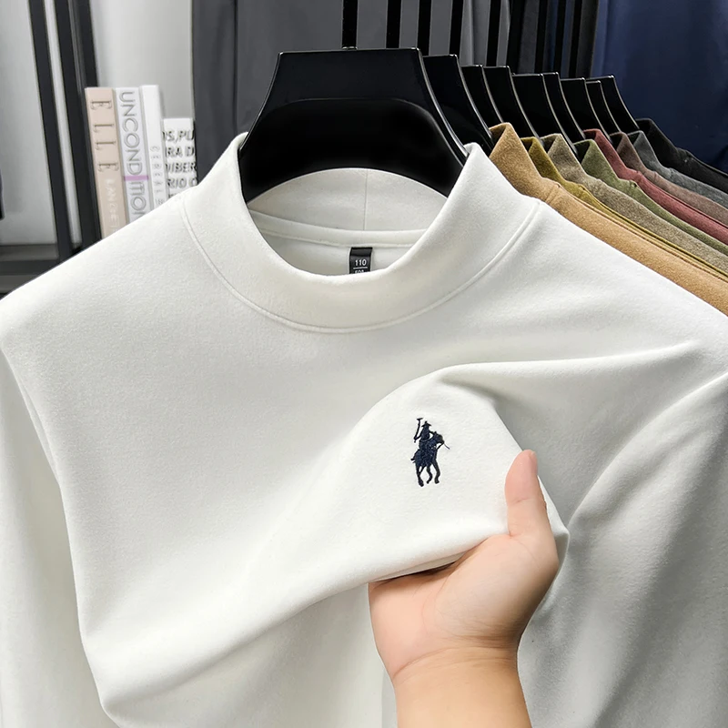 

Long Sleeved T-shirt Men's Velvet Sweatshirt New Semi High Neck Solid Color Versatile Top Base Shirt