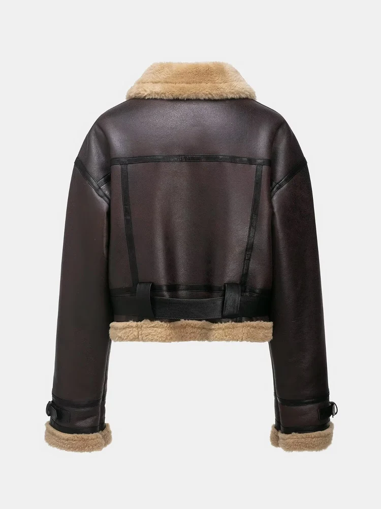 على الوجهين الجلود والفراء ort Jaet Thiened ملابس خارجية نسائية غير رسمية سستة إغلاق لون الخريف الشتاء جديد #2