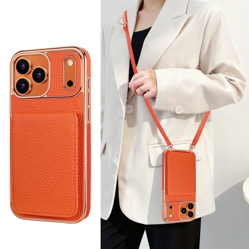 Bolso Bandolera de Moda de Cuero Sintético con Funda para Teléfono iPhone 17 Air 16 15 14 13 Pro Max, con Soporte para Tarjetas y Ranura para 3 Tarjetas