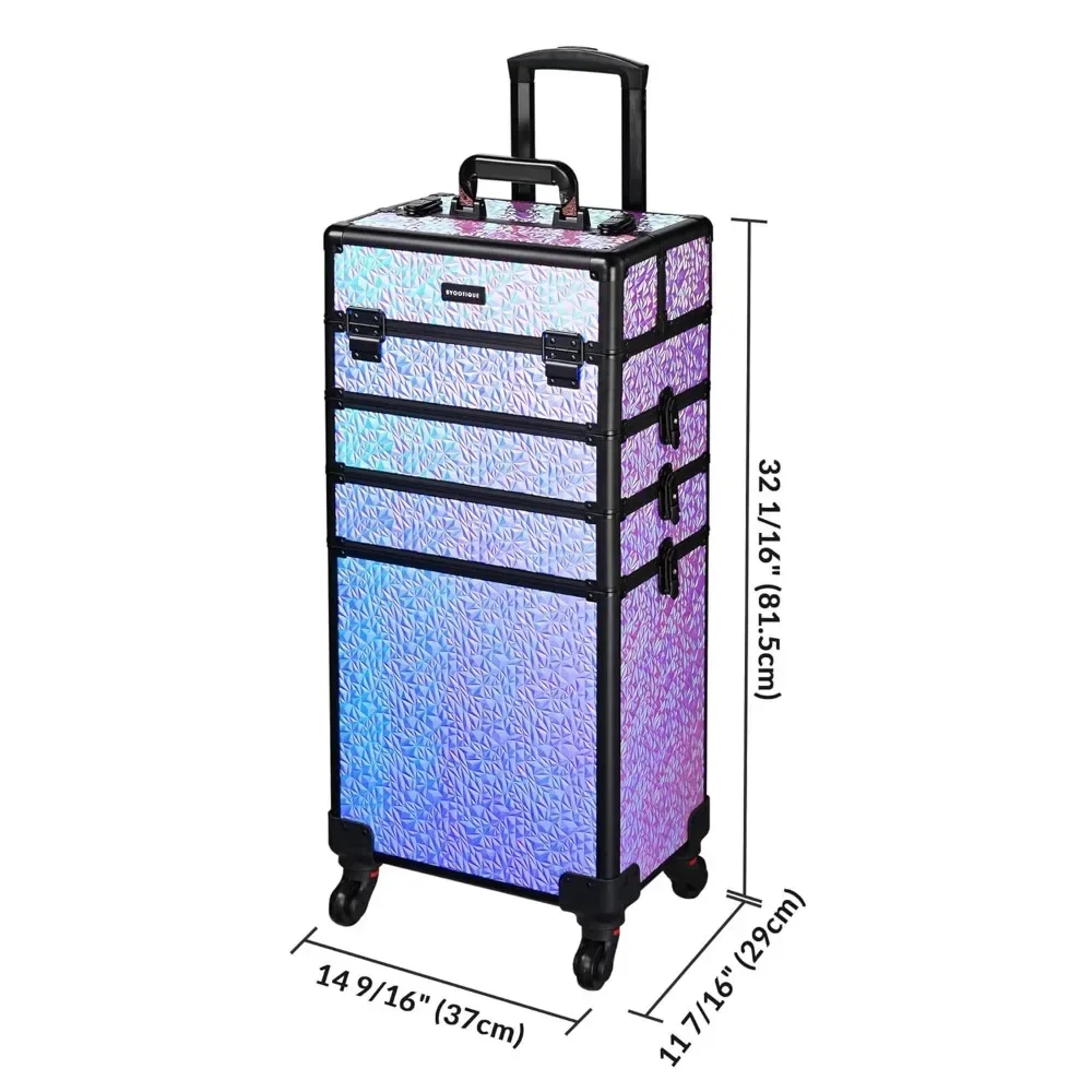 Rolling Makeup Train Case 4in1 Cosmetic Trolley Organizer Travel Case,Lockable Mermaid Purple Makeup Organizers with Wheels