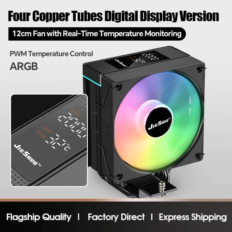JIESHUO JS2501 CPU Cooler with Real-Time Temp & RPM Display for Intel LGA1700/AMD PWM Control ARGB Sync PC Fan