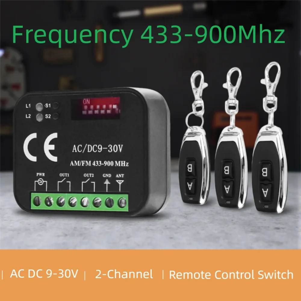 

Universal Receiver Switch Module Black AC/DC 9V-30V 2CH 433MHz 868MHz Garage Door / Gate Remote Control Receiver Opener