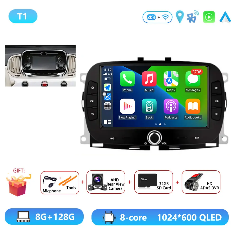 Android15 Voor Fiat 500 2016-2019 Autoradio Multimedia Speler Video Navigatie Carplay Stereo GPS WIFI DSP Carplay Android auto
