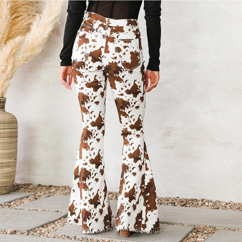 JY Autumn 2024 New Women\'s Jeans White Bottom Printed Brown High Waist Non Elastic Bellbottom Pants Elegant and Fashionable