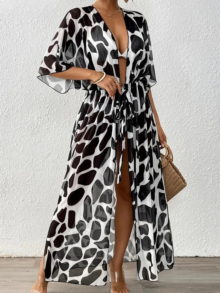 Vrouwen sexy mesh print bikini cove up korte mouw dame lange strandjurk losse vrouwelijke braziliaanse badpak cover-ups