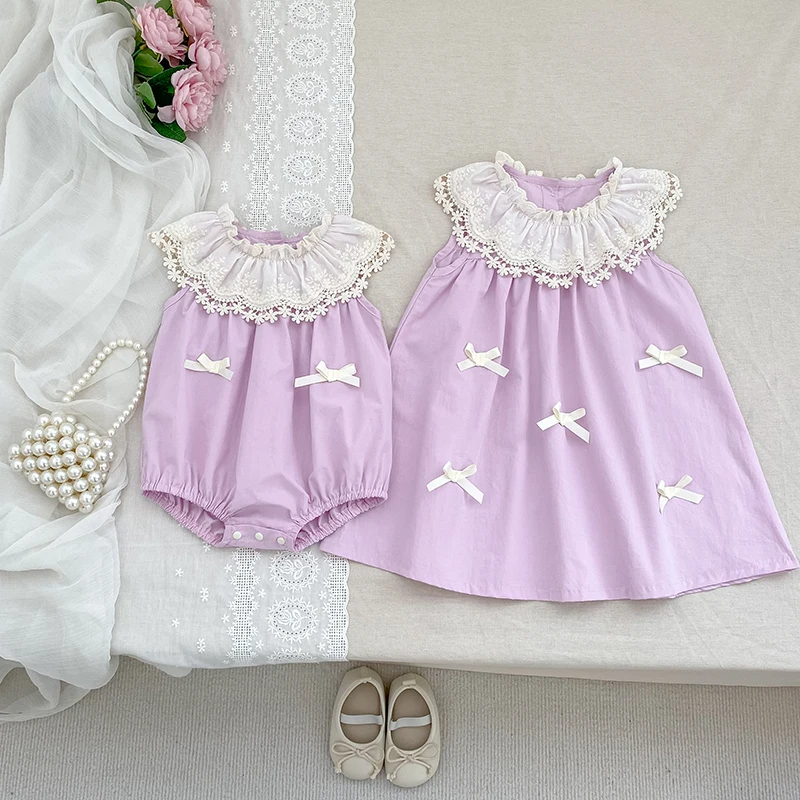 Schwestern Spitze Blütenblatt Kragen Kleid Baby Strampler Mädchen Kleidung Sommer Schwestern Neue Bogen Party Prinzessin Kleid Süße Nette Kinder Kleidung