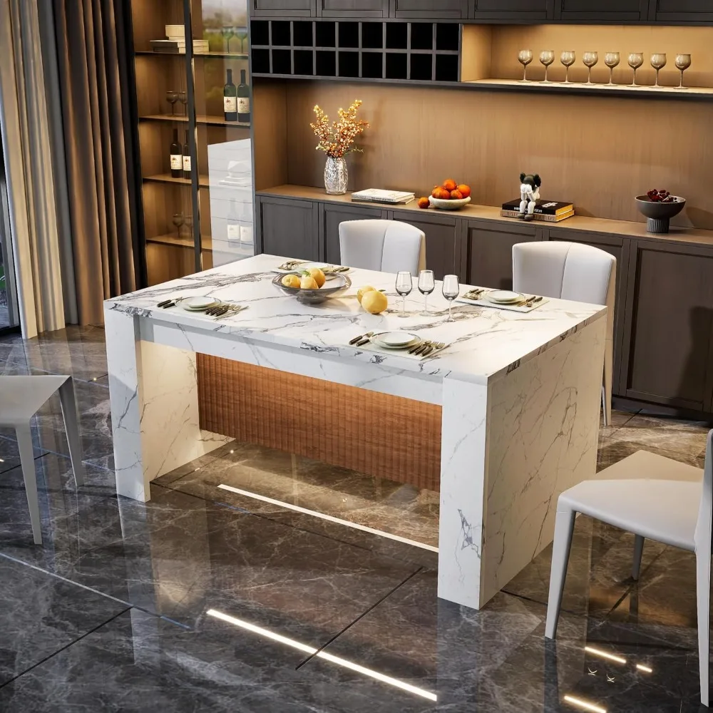 Rectangular Faux Marble Dining Table, 63 Island with LED Lighting, Seats 4-6, Modern Marble Striped Kitchen Dining