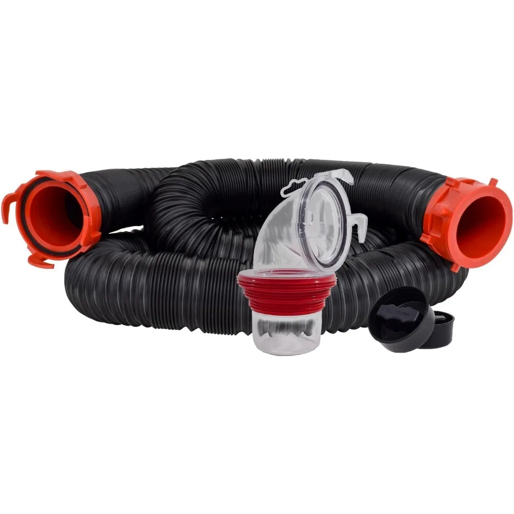 

15-Foot RV Sewer Hose Kit with Rotating Fittings, ClearView Adapter, and Drip Caps for Universal Camper Use