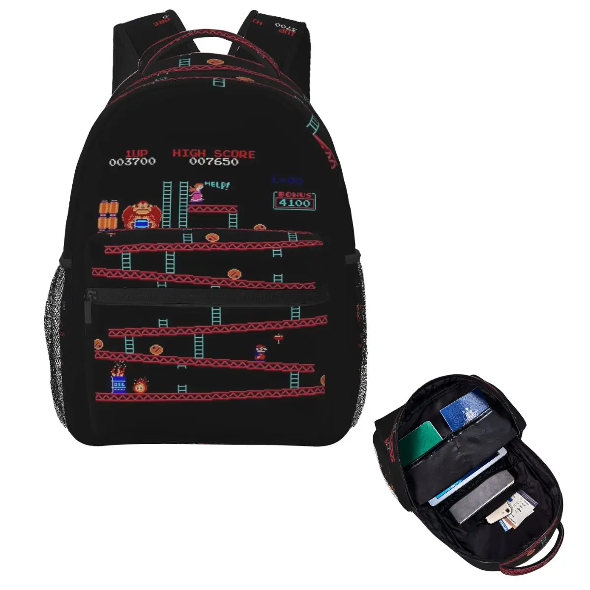 Arcade Donkey Kong Game Print Student Backpack School Bag Hiking Travel Daypack for Men Women Fashion Bookbag Shoulder Bags