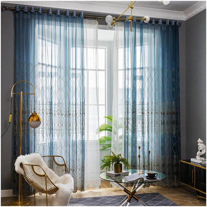 Upscale Curtains for Bedroom Luxury European Finished Curtains Fabric Embroidered Beige Tulle Cortinas For Living Room M072&C