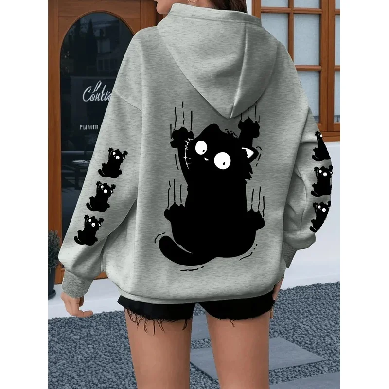 Scared little black cat minimalist black and white print hoodie for large size women's sweatshirt winter clothes women