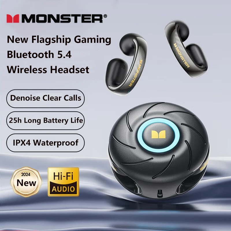 Monster MQT46 OWS Wireless Bluetooth 5.4 Earphones Waterproof Noise Cancelling Game Earbuds 25H Long Battery Life Sport Headset