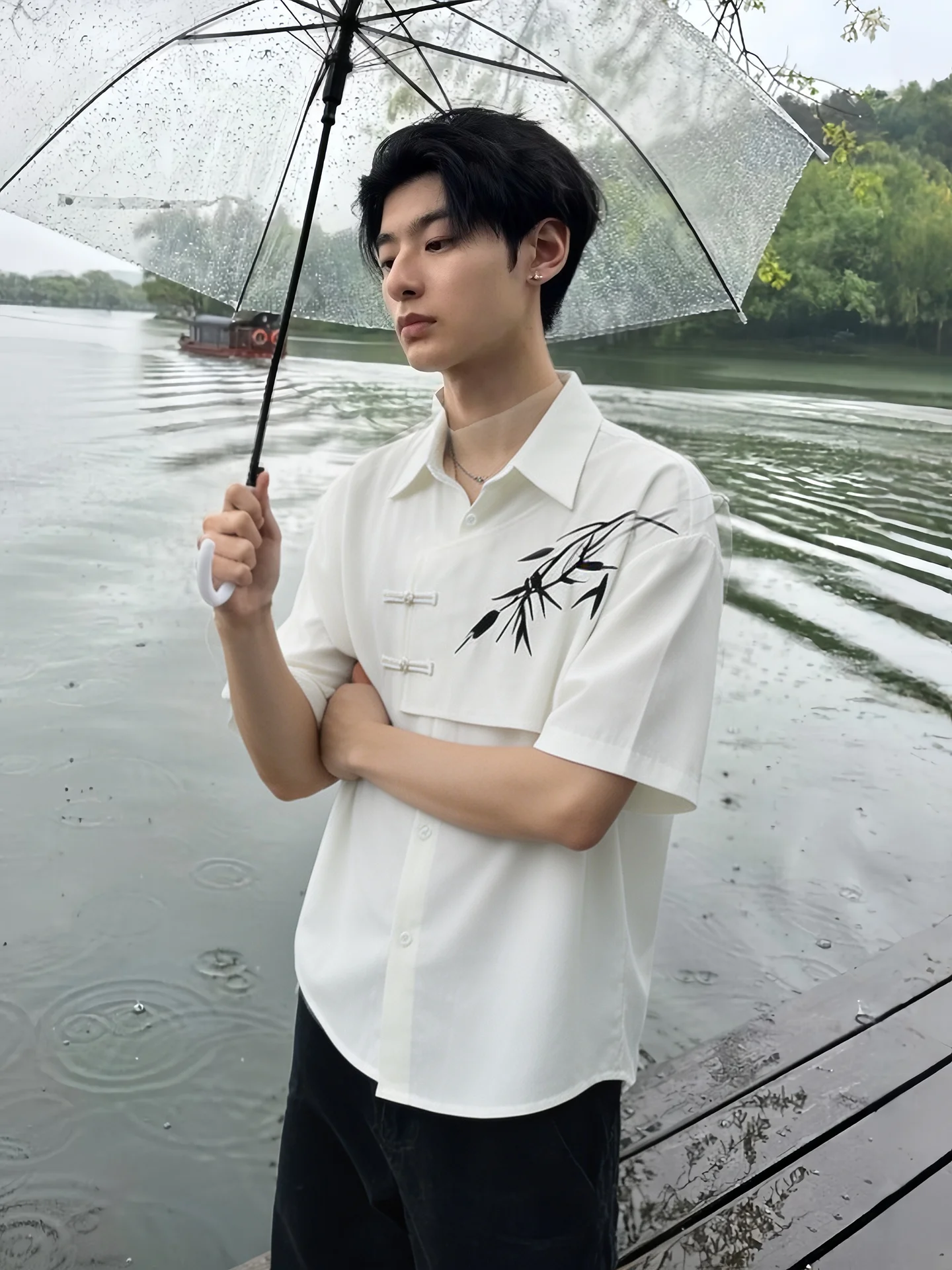 

Elegant Bamboo Embroidery Ice Silk Short Sleeve Shirt Men's Summer Asymmetric Design Chinese Style Half Sleeve Outerwear