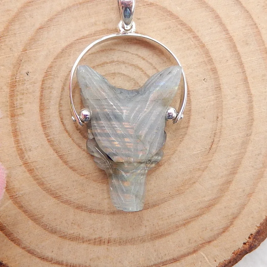 Wholesale 1pcs Fashion natural stone Labradorite Carved Wolf Head Sterling silver Pendant for jewelry making 22x16x8mm,3.9g