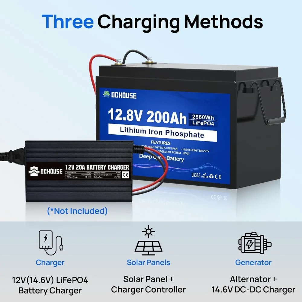 12 فولت 200 أمبير (عبوة من قطعتين) بطارية ليثيوم LiFePO4 ذات دورة عميقة، قطع درجة حرارة منخفضة، مع كحد أقصى طاقة بقدرة 2560 وات في الساعة. BMS مدمج 200A لـ RV Solar