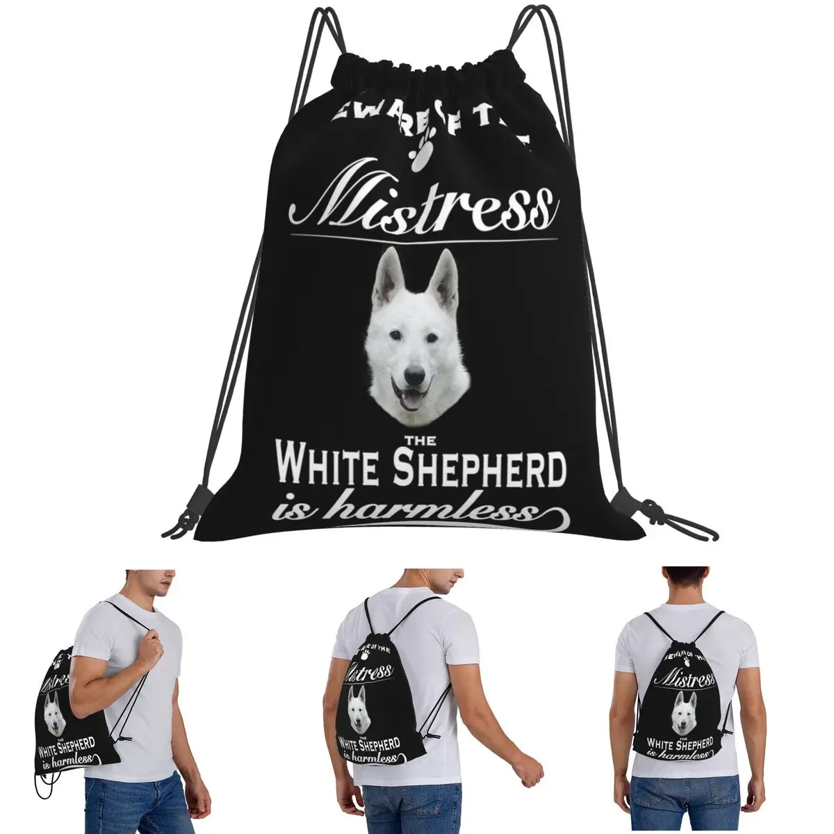 White German Shepherd Dog Backpacks Fashion Drawstring Bundle Pocket Sports Bag Book Bags for Man Woman School