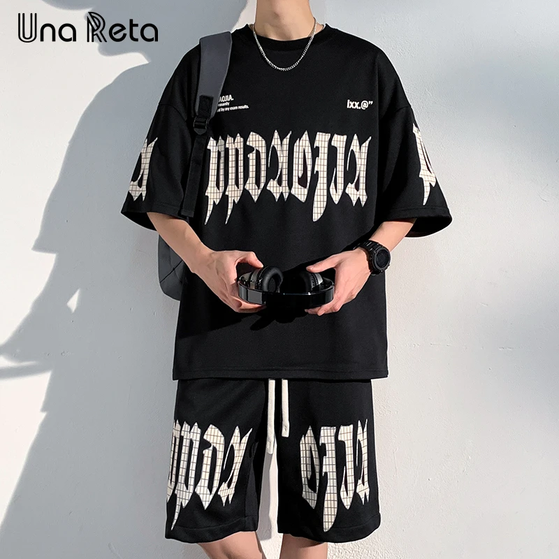 

Una Reta Summer Men Sports Suit New Fashion Casual Short Sleeve T-shirt Shorts Hip Hop Embroidery Stitching Two-piece Set Suit