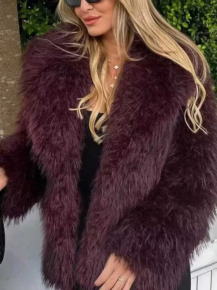 Winter Hot Trendy Iconic Blogger Fashion Burgundy Faux Fur Coat Women Overcoat Girls Shawl Collar Lamb Fur Jacket Шуба Женская