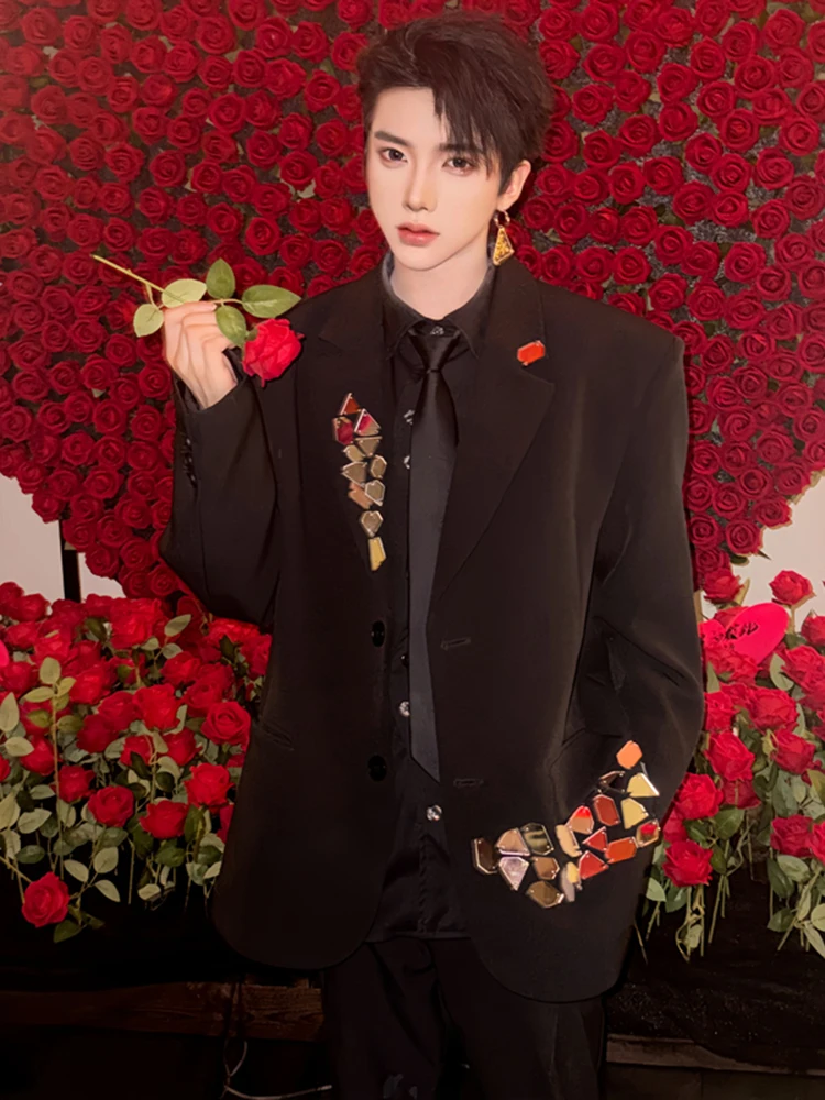 

Men's Reflective Lens Suit Jaet Autumn Winter Faion Design Loose Fit Metal Decorations No Ironing Required Casual Coat