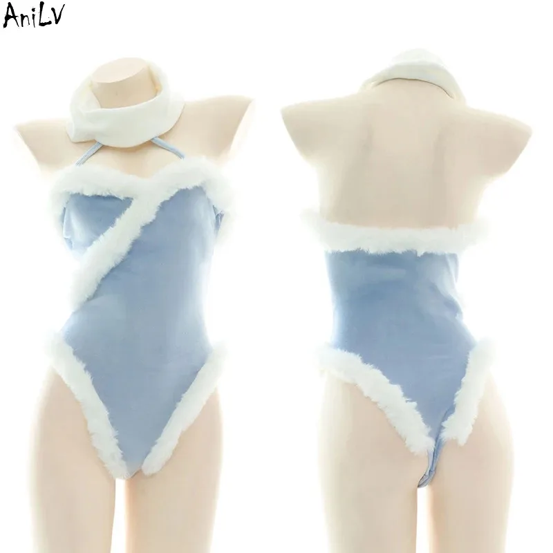 

AniLV Winter Women Pajama Party Warm Plush Bodysuit Unifrom Costumes Game Mei Meiling Zhou Blue Furry Halter Lingerie Cosplay