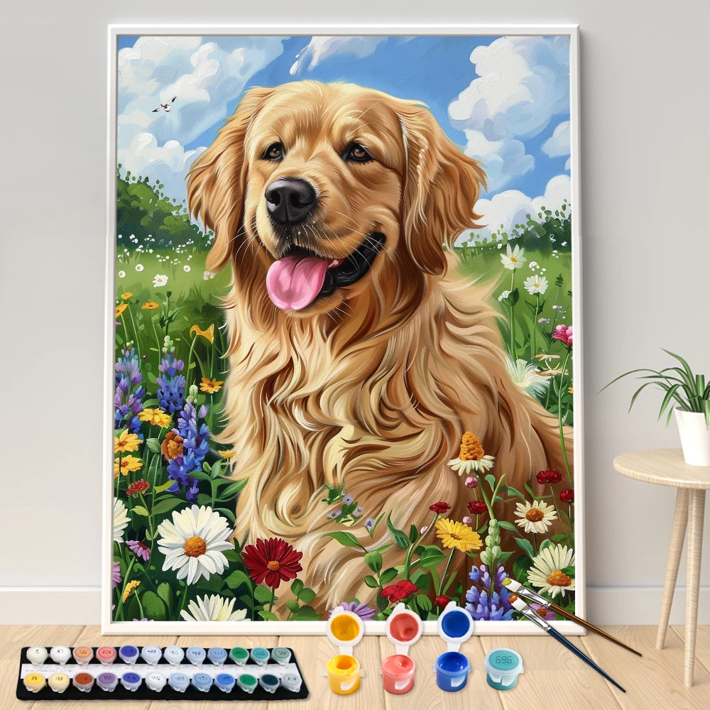 数字による絵画キットハンドペイントゴールデンレトリバー犬花風景 DIY