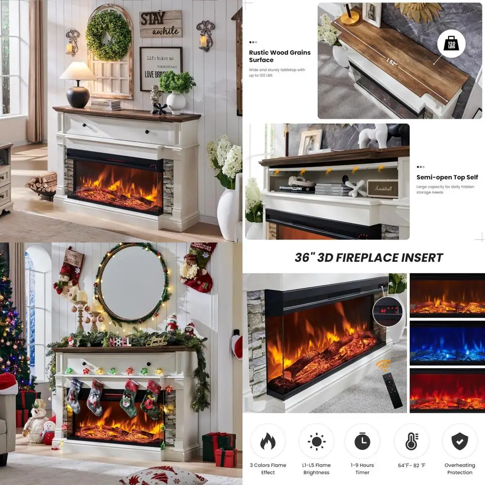 

65 65-inch TV Electric Fireplace Mantel Heater with 36 Glass Insert, Freestanding TV Stand