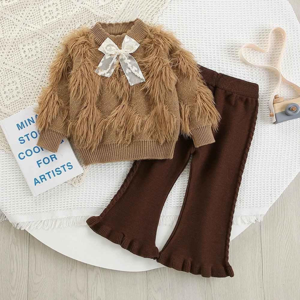 

Girls Knitted Clothes Sets Spring Autumn Children Woolen Jersey Sweaters Tops Pants Kids Princess Suit For Baby Fur Outfits 5 6Y