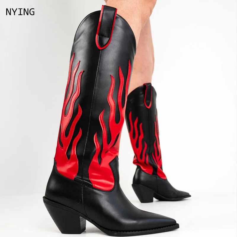

Cowboy Boot Knee High Patchwork Leather Mixed Color Zipper Fashion Elegant Novelty Women Shoes Newest Pointy Chunky Heel 44