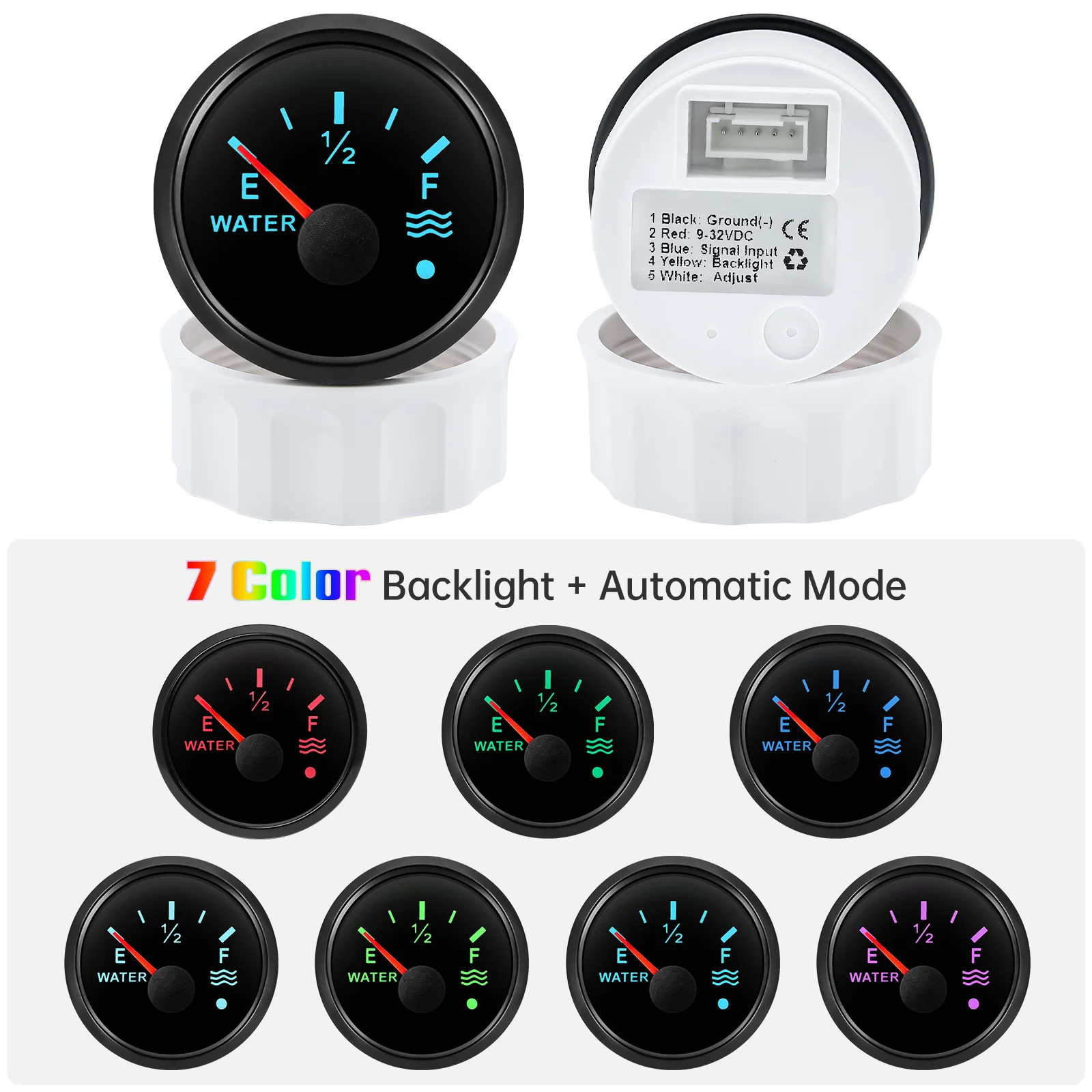 Indicador de nivel de agua impermeable IP67, luz de 7 colores, 52mm, alarma intermitente + Sensor de nivel de agua 0-190 OHM para coche, yate, barco, 12V, 24V