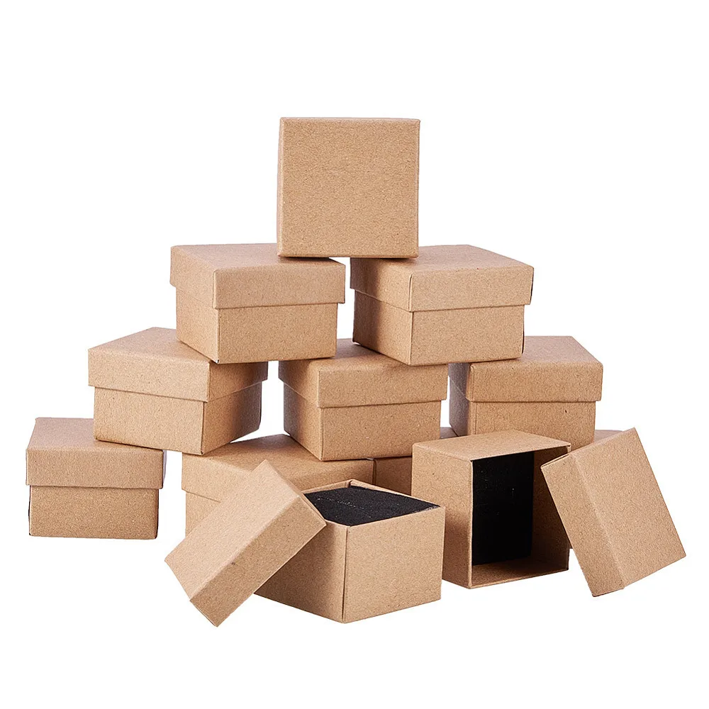 PandaHall 24pcs Square Cardboard Jewelry Boxes for Ring, 5x5x3.2cm & 9x9x3cm Tan Color Gift Packaging with Insert Tray