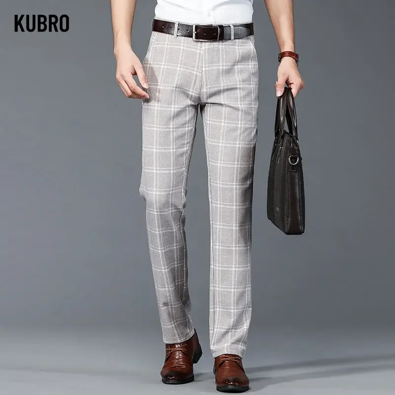 KUBRO New Imitation Linen Trend Plaid Pants Men\'s Straight Casual Personality Man Pattern Trousers Lightweight Smart Multicolor