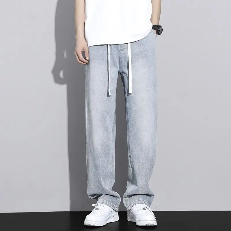 Men's Straight Leg Jeans American High Street High-quality Drawstring Design Daily Casual Loose Pants Washed Polished White view 4