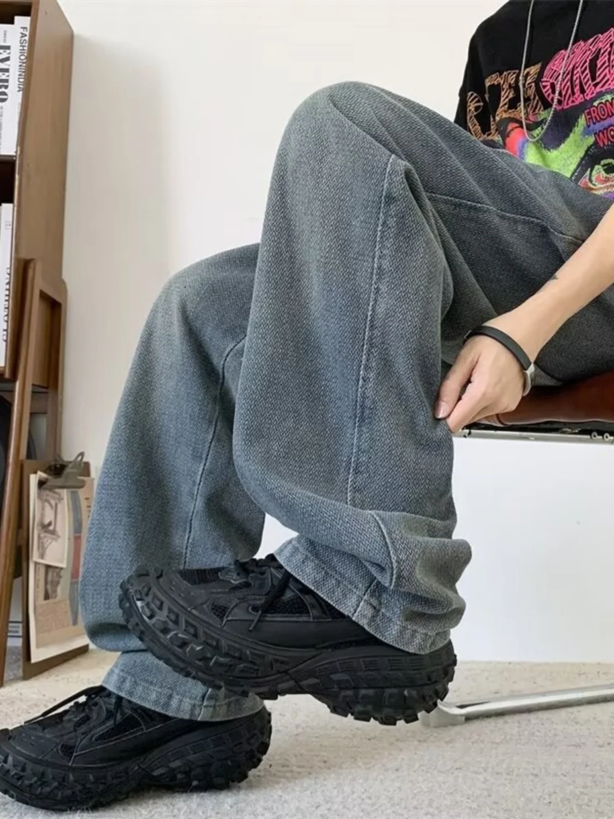 

Мужские джинсы прямого кроя в стиле ретро, оверсайз, свободные, для молодежи, осенне-зимние, из плотного денима, до 300 фунтов, модные, повседневные