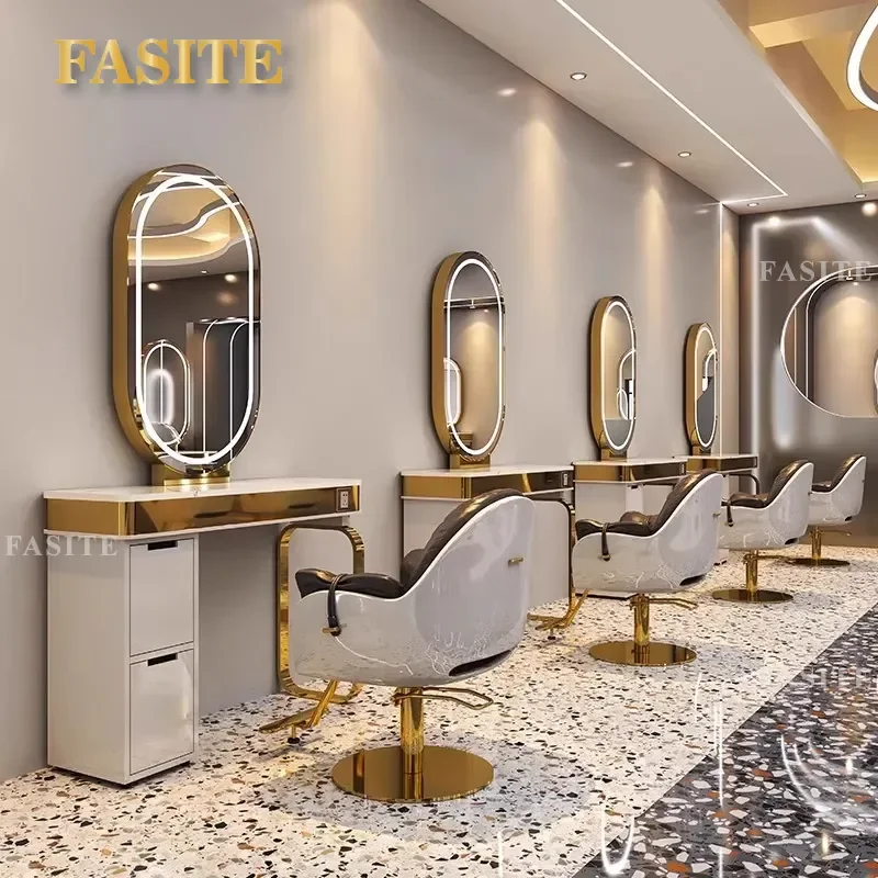 For Hair Double Sided Mirror Table Stainless Steel Frame Marble Countertop Barber Shop Furniture Perm Dyeing Cutting