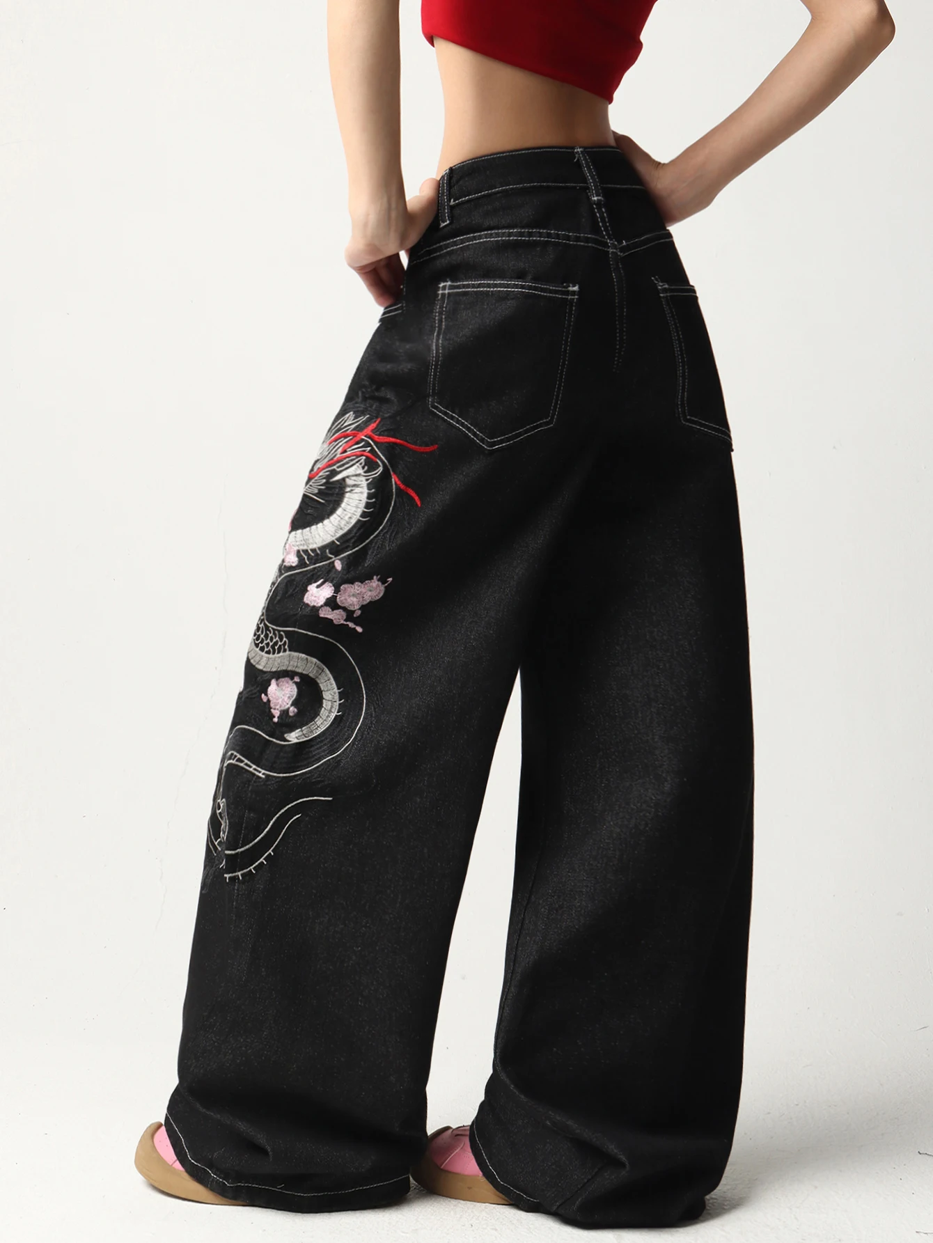 American Street Fashion Dragon Totem Embroidery Women's Pants Fashionable And Versatile Wide-Leg Black Jeans For Women