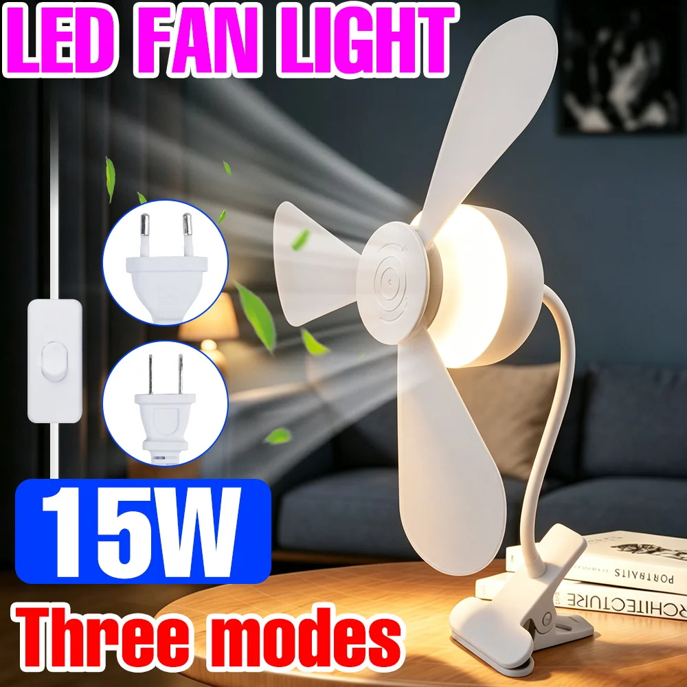15W Clip Type LED Fan Light 3Mode Adjustable Flexible Gooseneck Desk Lamp Fan EU/US Plug For Dorm Bedroom Desktop Night Lighting