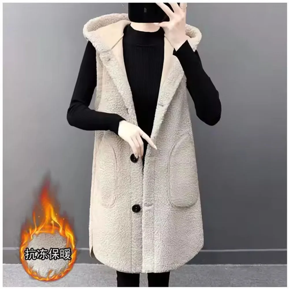 

Жилет из овечьей шерсти, женский новый осенне-зимний жилет с капюшоном, утепленный бархатный свободный женский жилет без рукавов, ветровка, пальто, топы