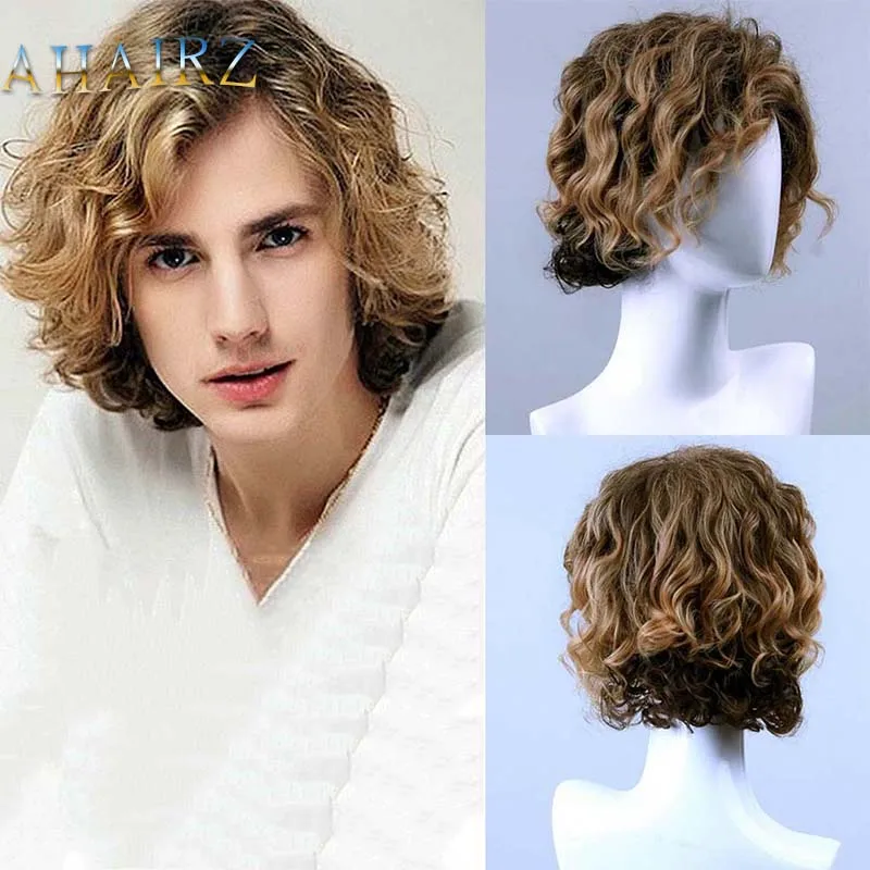 

Short Pixie Cut Synthetic Wigs Curly Mixed Blonde Layered Wig with Fluffy Bangs for Men Daily Party Heat Resistant Hair