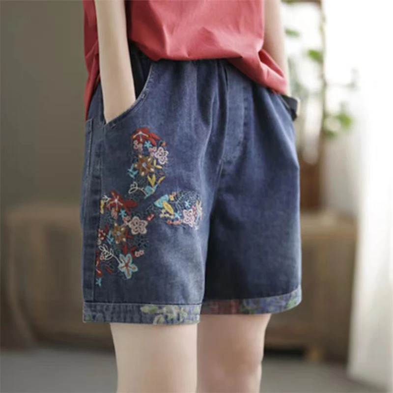 Summer Vintage Embroidery Washed Women Half Jeans Elastic Waist Wide Leg Casual Pockets Versatile Female Thin Denim Short Pants