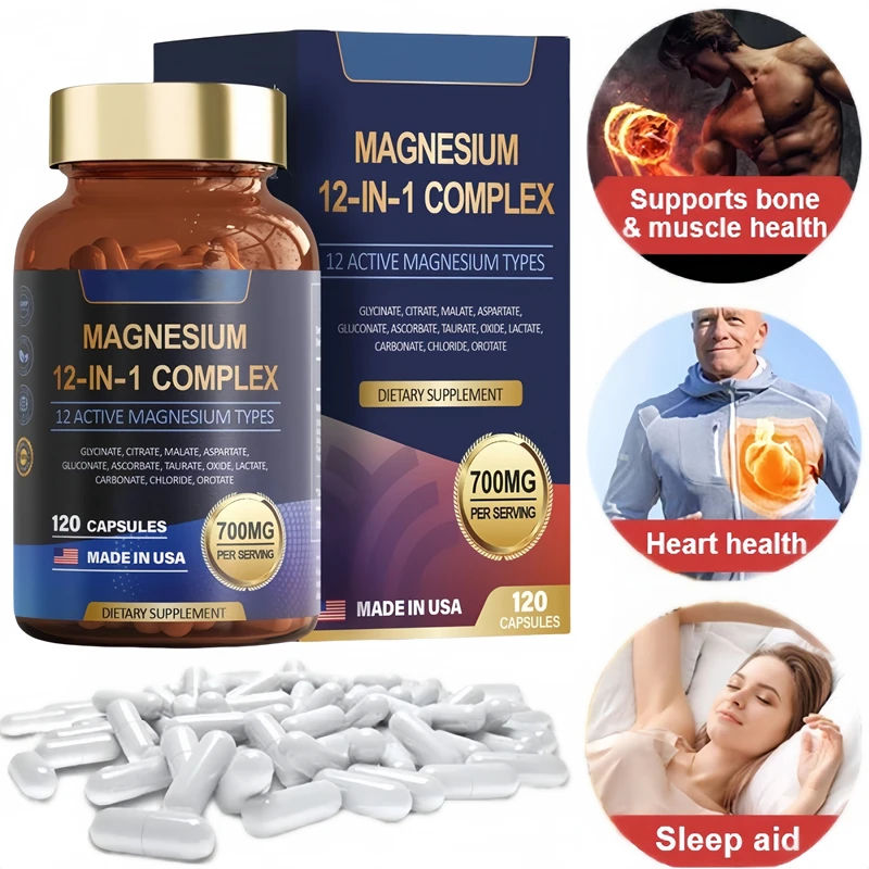 12-in-1-Magnesiumkomplex-Kapseln mit Glycinat-Zitrat, Malatoxid, Taurate und Zitrat für Muskel, Herz, Gehirn-Booster und Schlaf