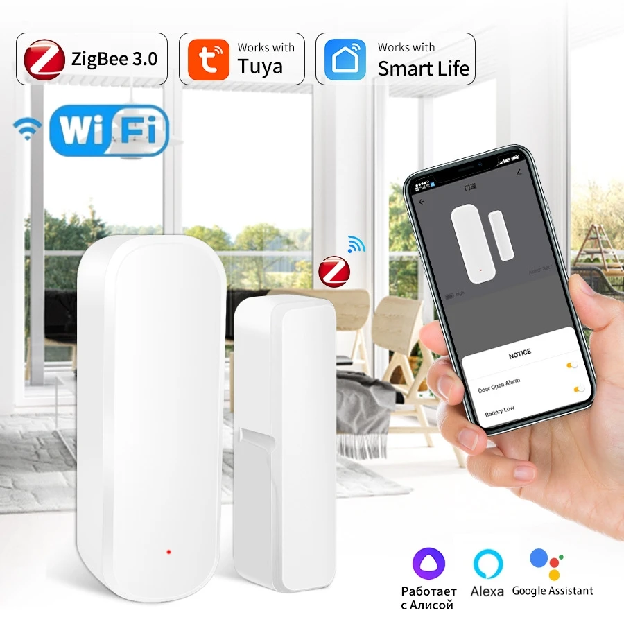 Tuya-ZigBee Sensor de Porta e Janela para Segurança Doméstica, Sistema de Alarme, Controle de Aplicativos, WiFi, Funciona com Alexa e Google