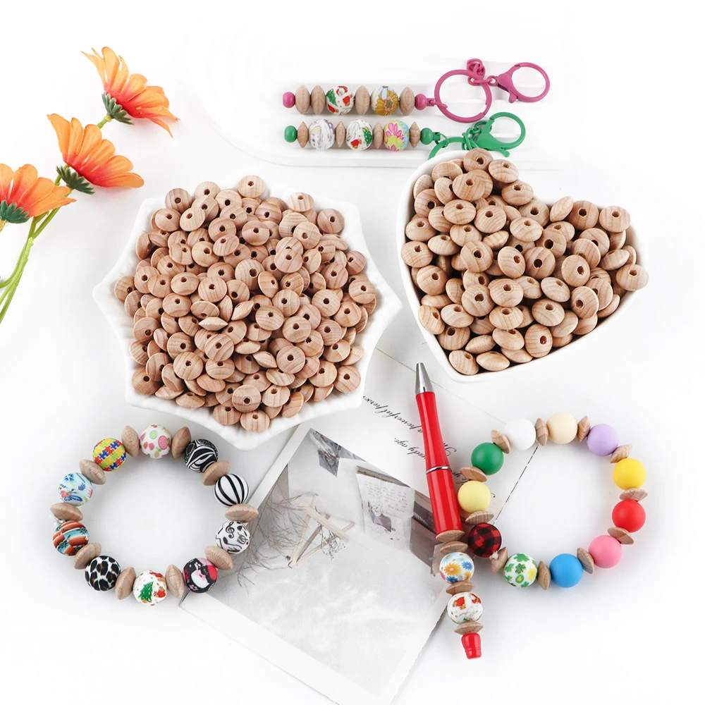 50pcs Natural Lentil Wooden Beads Round Flat Beech Loose Spacer Beads For Jewelry Making DIY Bracelet Natural-Color