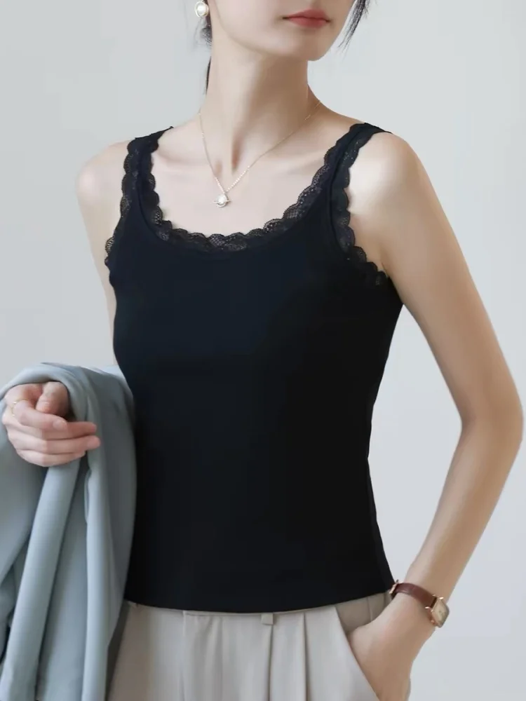 Women's Slim Fit Tank Top Lace Trim Cotton 95% Summer New Style Big Size Inner Wear Outer Wear Beautiful Back Base Shirt