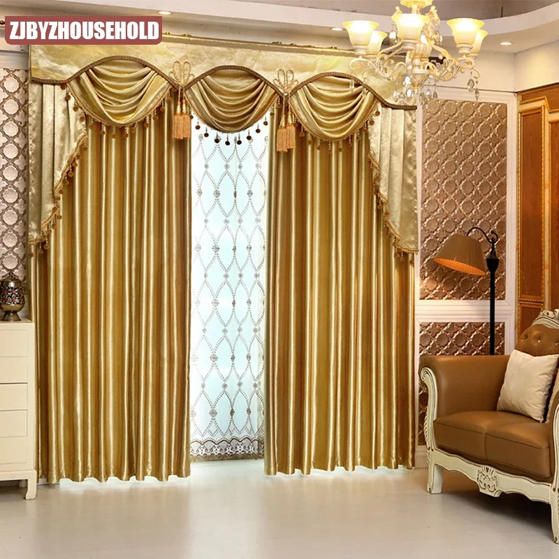 Custom European Luxury Curtains for Living Room Bedroom Simple Solid Gold Color Soft Cashmere Cloth Blackout Valance Yarn Tulle