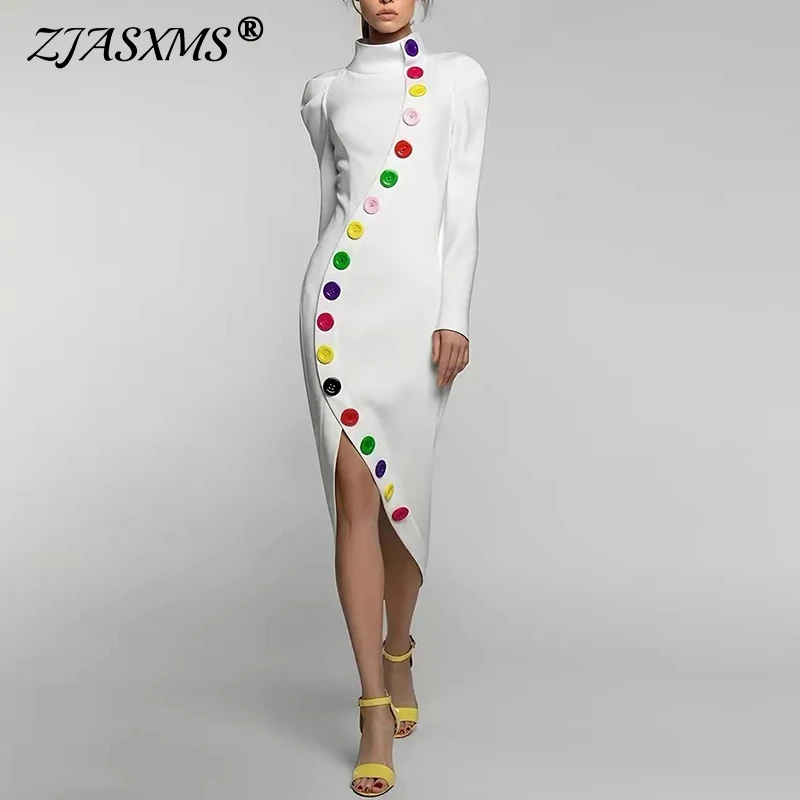 

Stylish Colorful Button Split Irregular Dress Woman Spring Half High Collar Commute Dresses Casual Long Sleeve Temperament Dress