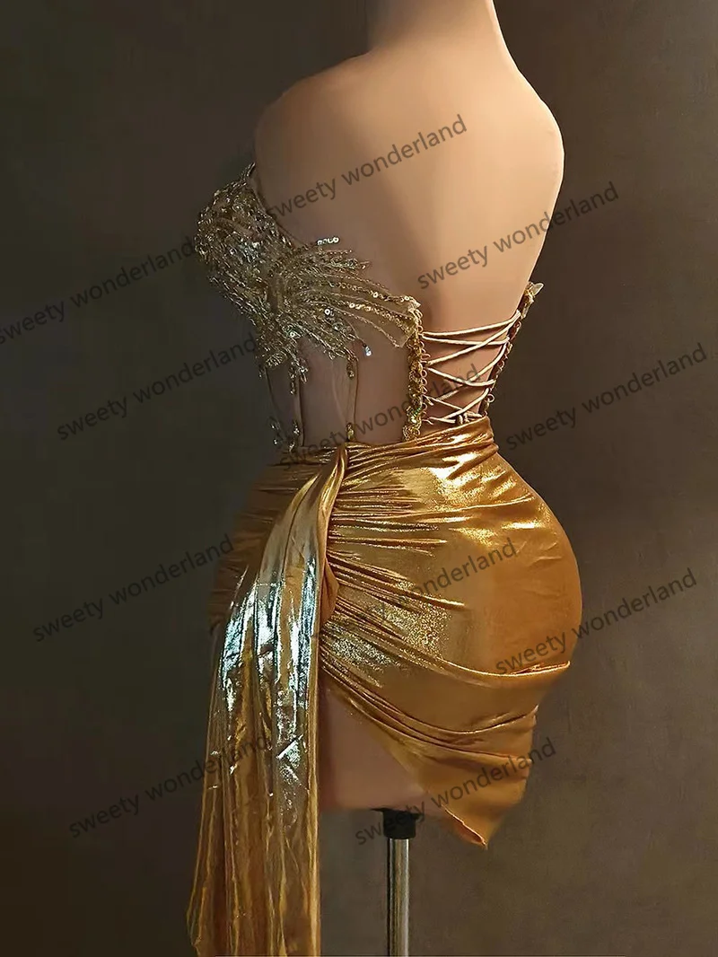 Sexy Gold Cocktail Dresses 2025 Women Lace Sequined Mini Skirt Short Prom Gowns Corset Top Chic Birthday Party Dress Customized